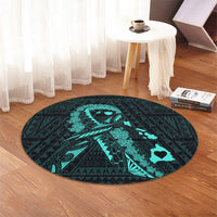Hawaiian Map Heart Ribbon Cancer Hibiscus Turquoise Polynesian Round Carpet - AH - Polynesian Pride