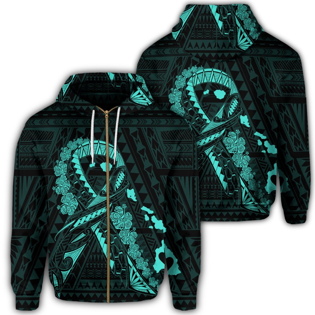 Hawaiian Map Heart Ribbon Cancer Hibiscus Turquoise Polynesian Zip Hoodie Unisex Art - Polynesian Pride