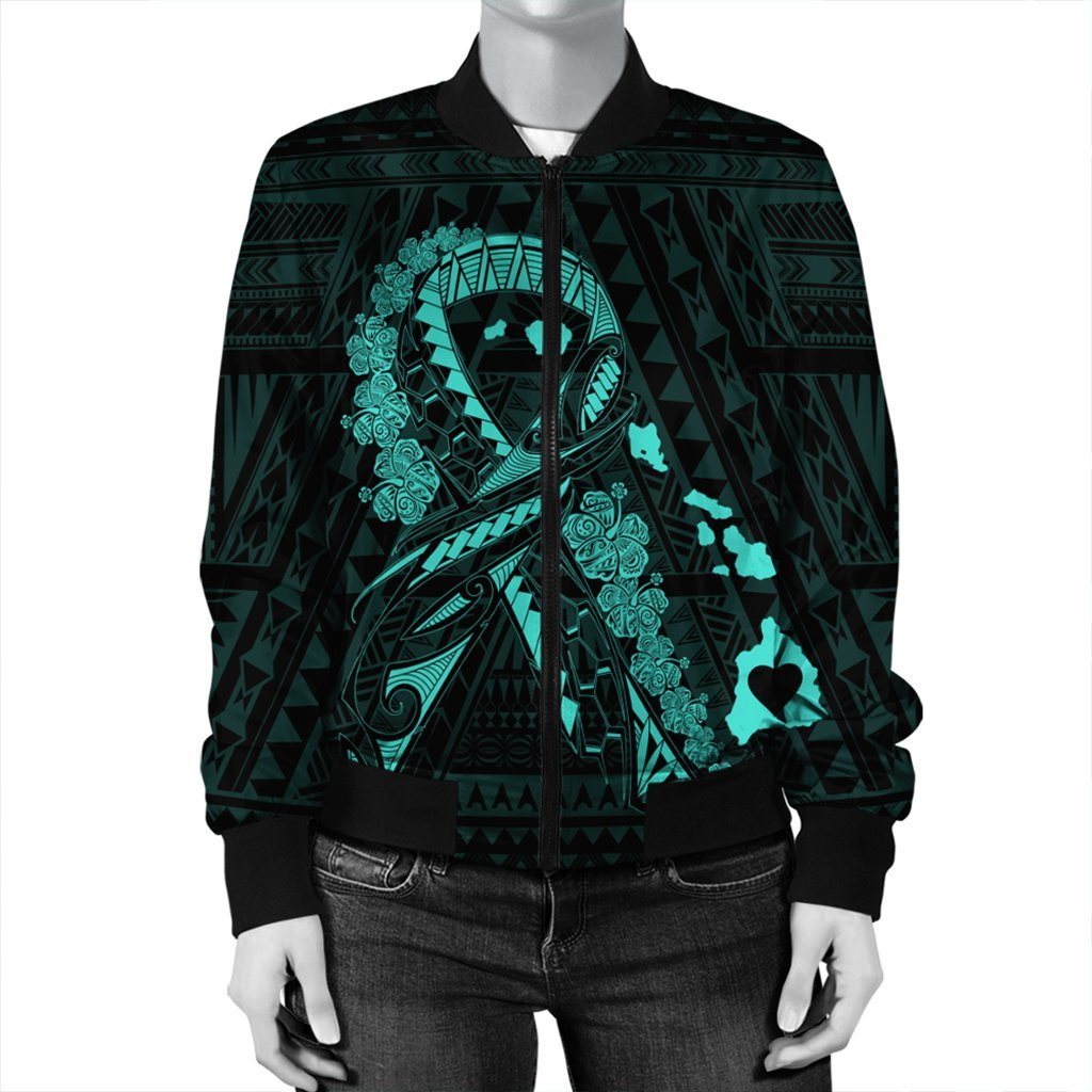 Hawaiian Map Heart Ribbon Cancer Hibiscus Turquoise Polynesian Bomber Jacket - AH - Polynesian Pride