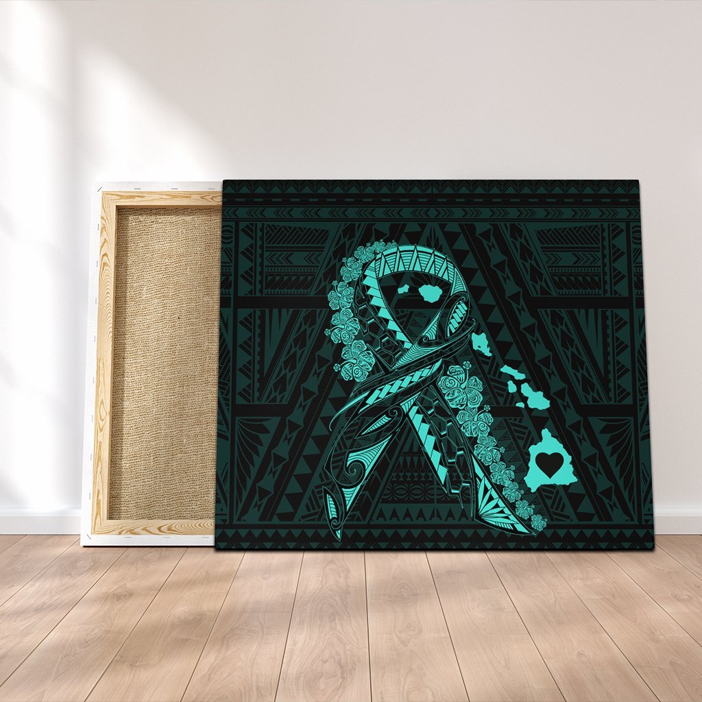 Hawaiian Map Heart Ribbon Cancer Hibiscus Turquoise Polynesian Canvas - AH Canvas Poly-cotton - Polynesian Pride
