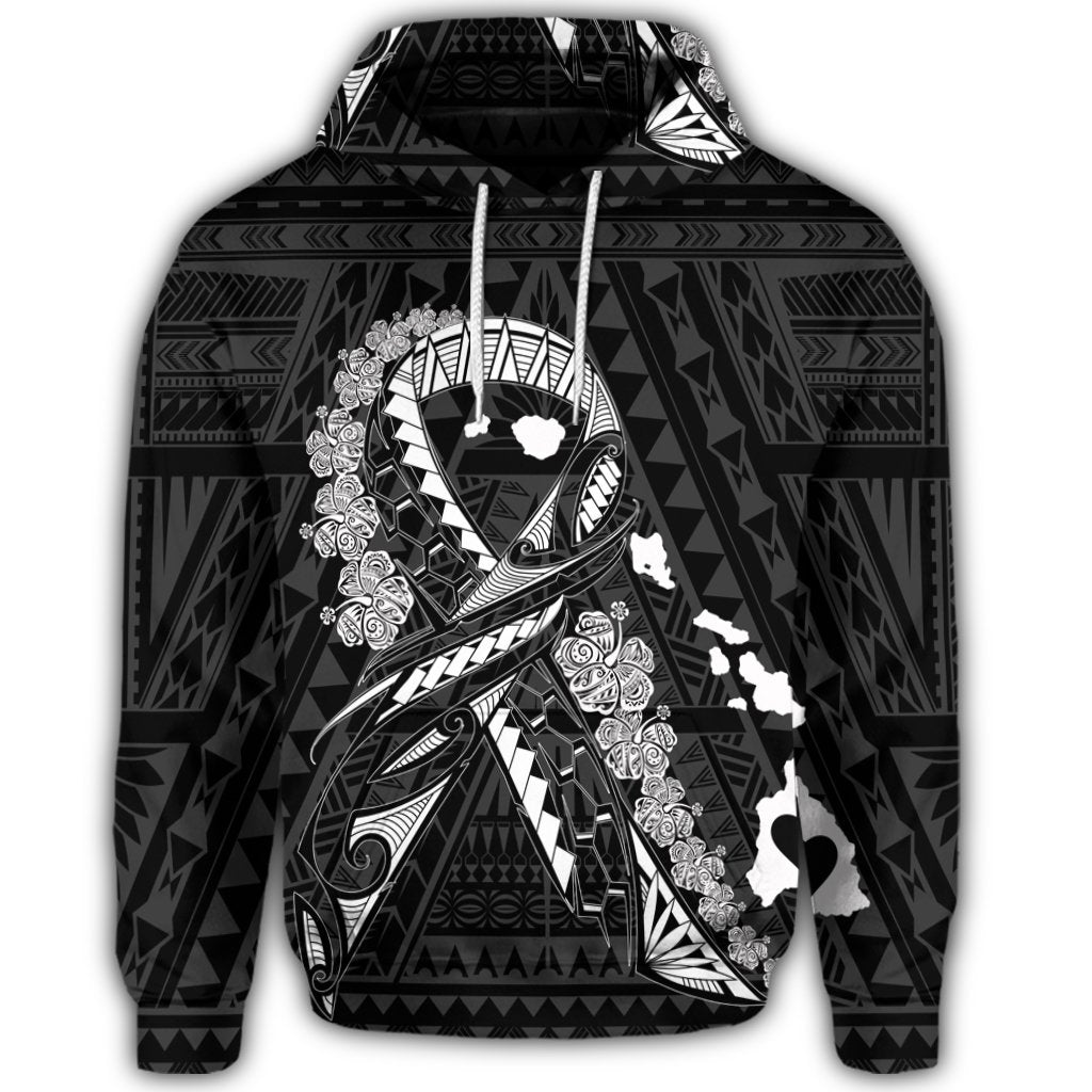 Hawaiian Map Heart Ribbon Cancer Hibiscus White Polynesian Hoodie - Polynesian Pride