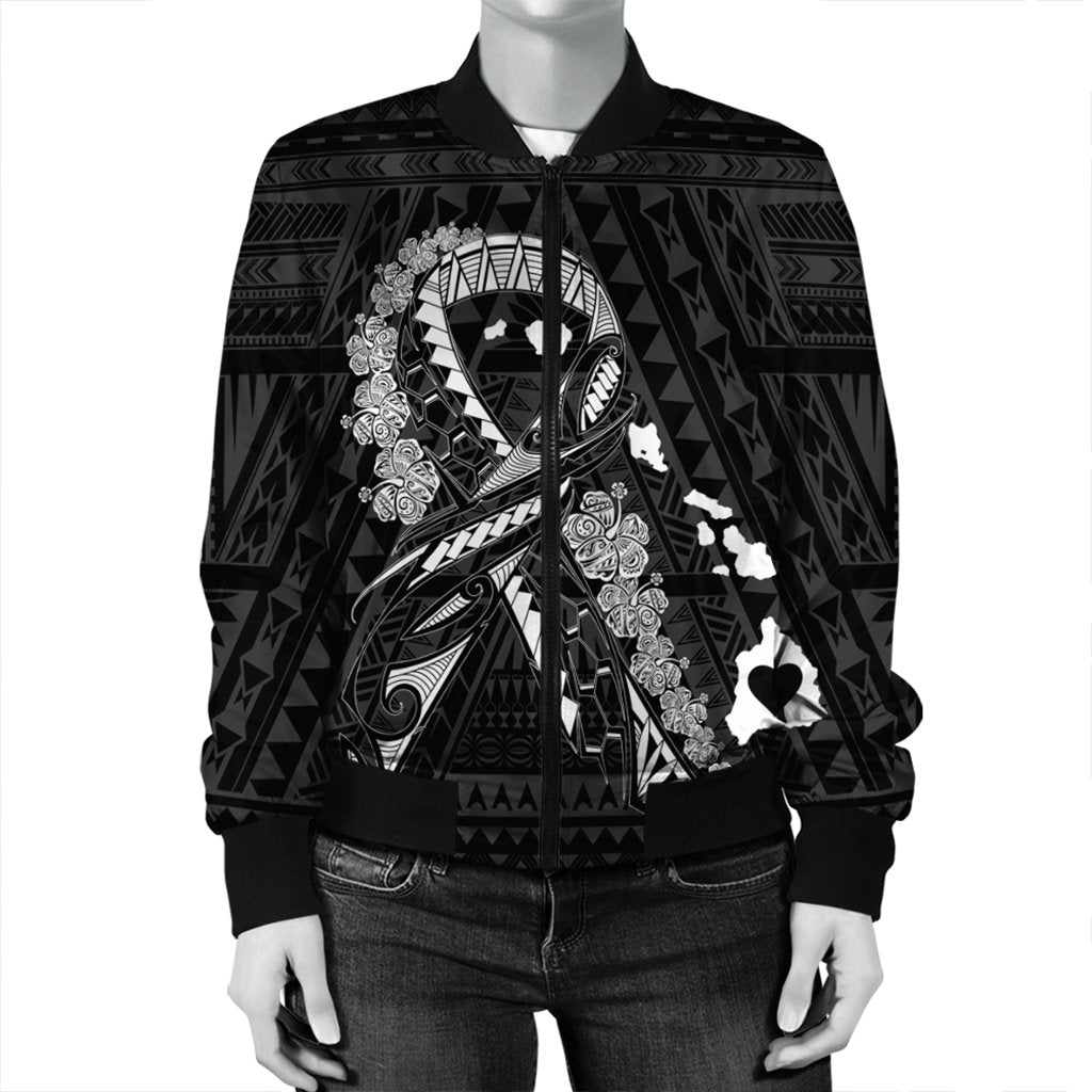 Hawaiian Map Heart Ribbon Cancer Hibiscus White Polynesian Bomber Jacket - AH - Polynesian Pride
