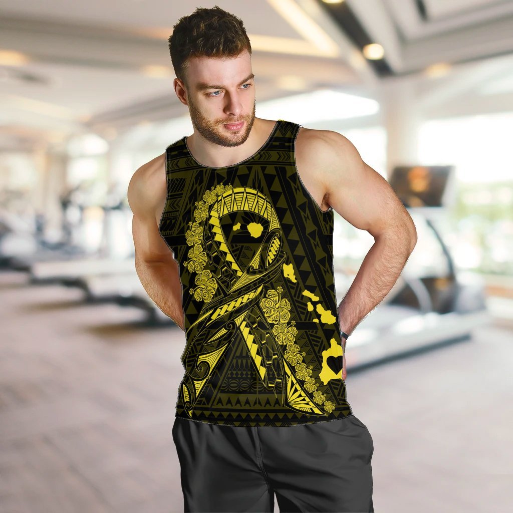 Hawaiian Map Heart Ribbon Cancer Hibiscus Yellow Polynesian Tank Top - AH - Polynesian Pride