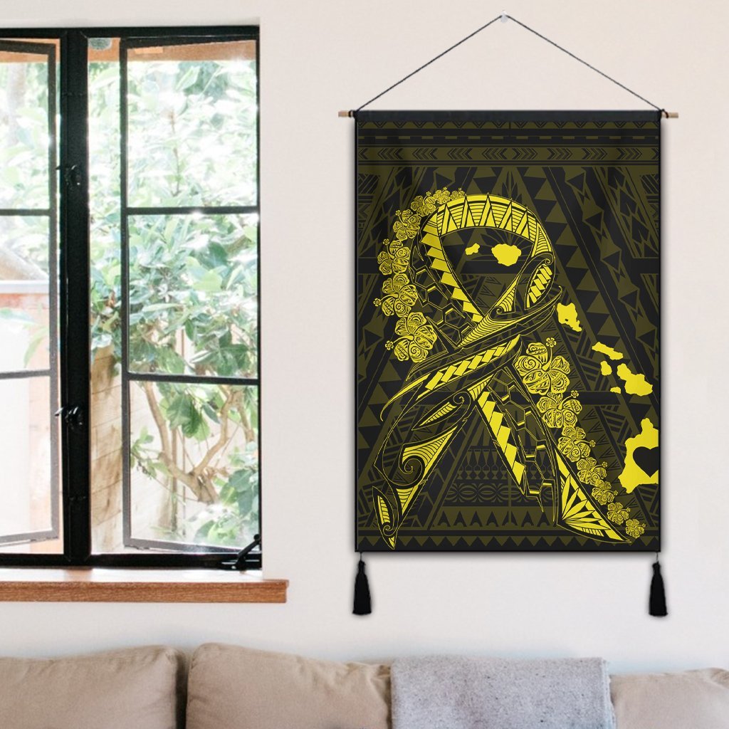 Hawaiian Map Heart Ribbon Cancer Hibiscus Yellow Polynesian Hanging Poster - AH - Polynesian Pride