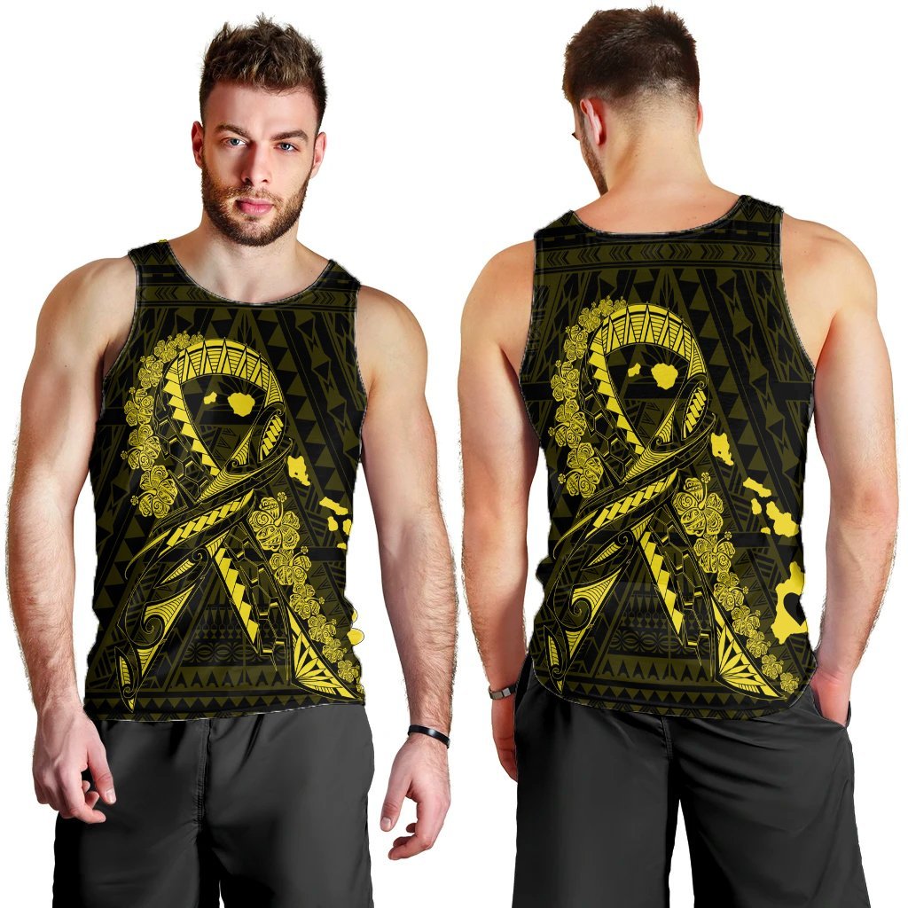 Hawaiian Map Heart Ribbon Cancer Hibiscus Yellow Polynesian Tank Top - AH - Polynesian Pride