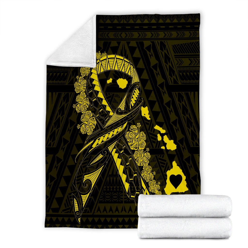 Hawaiian Map Heart Ribbon Cancer Hibiscus Yellow Polynesian Premium Blankets - AH - Polynesian Pride