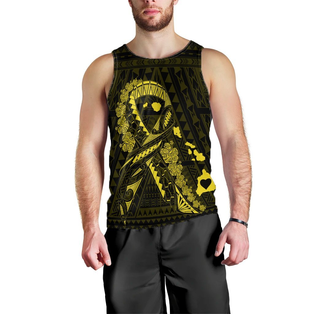 Hawaiian Map Heart Ribbon Cancer Hibiscus Yellow Polynesian Tank Top - AH Black - Polynesian Pride