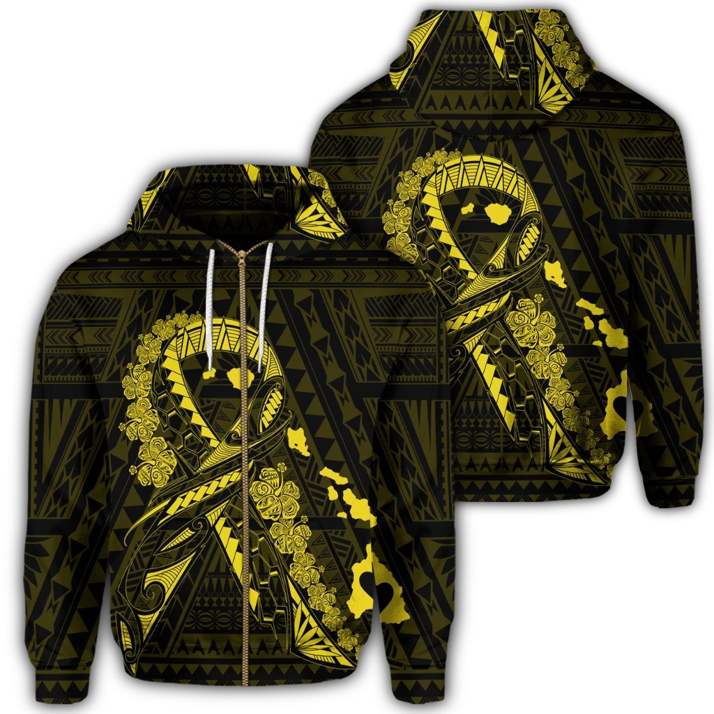 Hawaiian Map Heart Ribbon Cancer Hibiscus Yellow Polynesian Zip Hoodie Unisex Art - Polynesian Pride