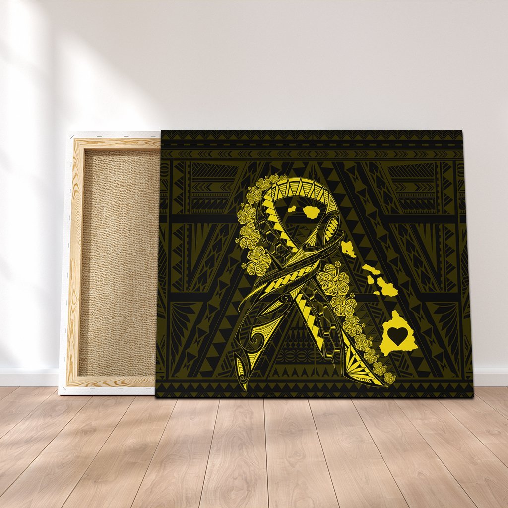 Hawaiian Map Heart Ribbon Cancer Hibiscus Yellow Polynesian Canvas - AH Canvas Poly-cotton - Polynesian Pride