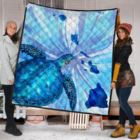 Hawaiian Map Hibiscus Flower Turtle Polynesian Premium Quilts Blue - AH - Polynesian Pride