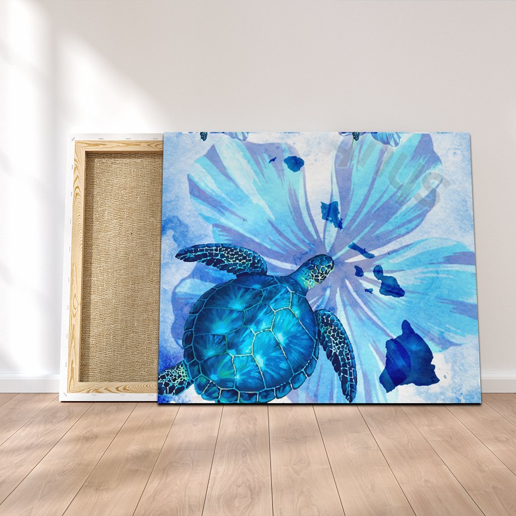 Hawaiian Map Hibiscus Flower Turtle Polynesian Canvas Blue - AH Canvas Poly-cotton - Polynesian Pride