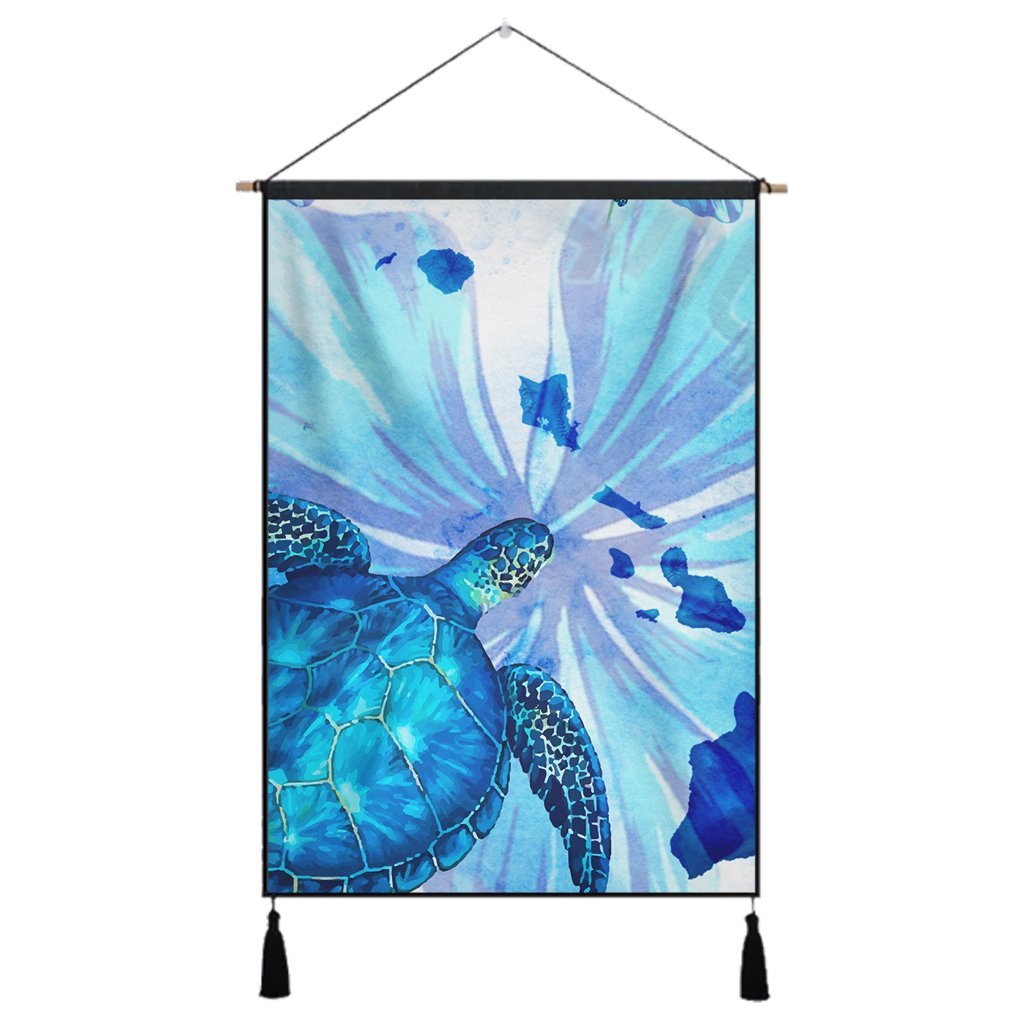 Hawaiian Map Hibiscus Flower Turtle Polynesian Hanging Poster Blue - AH Hanging Poster Cotton And Linen - Polynesian Pride