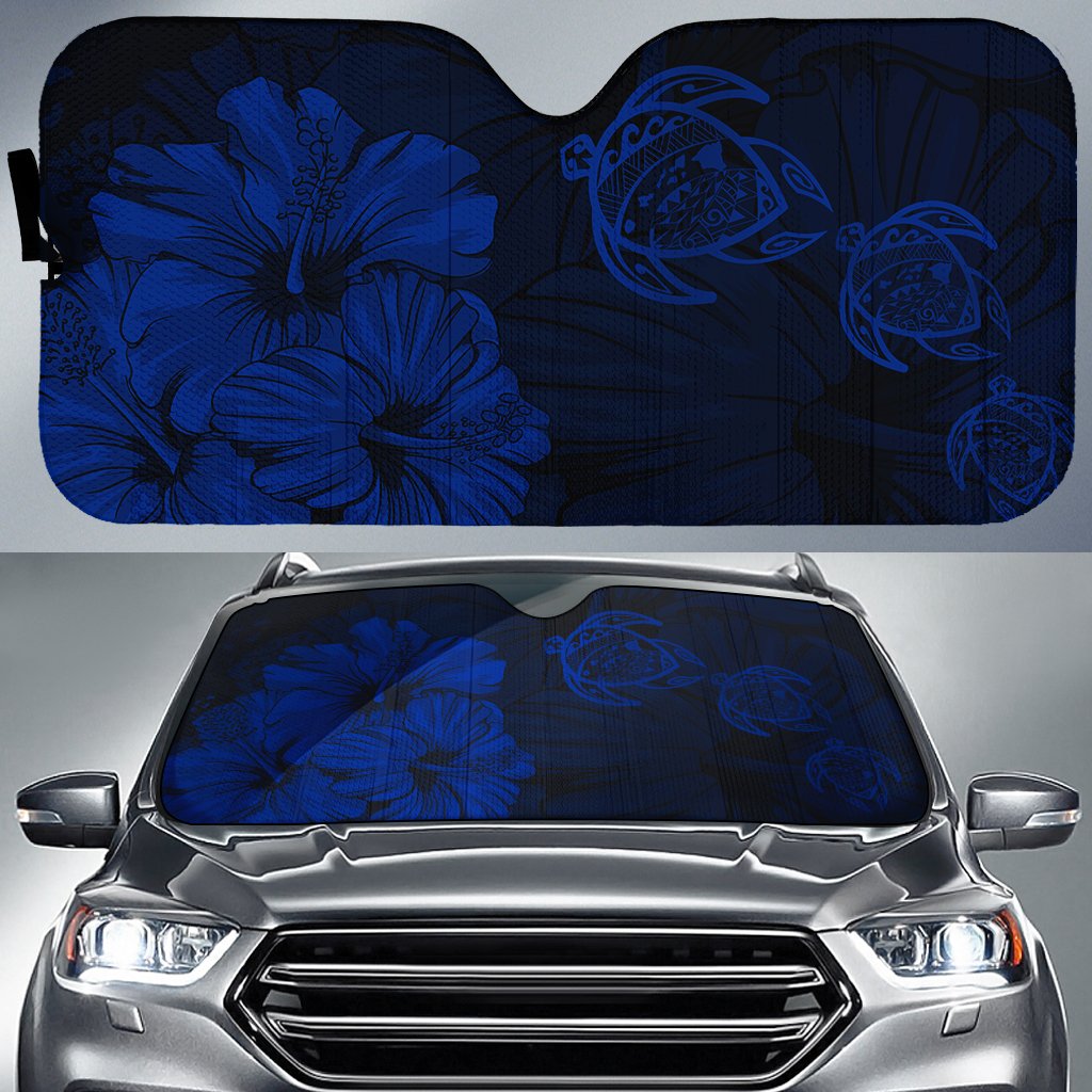 Hawaiian Map Hibiscus Flowers Vintage Polynesian Hawaii Car Sun Shade - Blue Auto Sun Shade Universal Fit Blue - Polynesian Pride