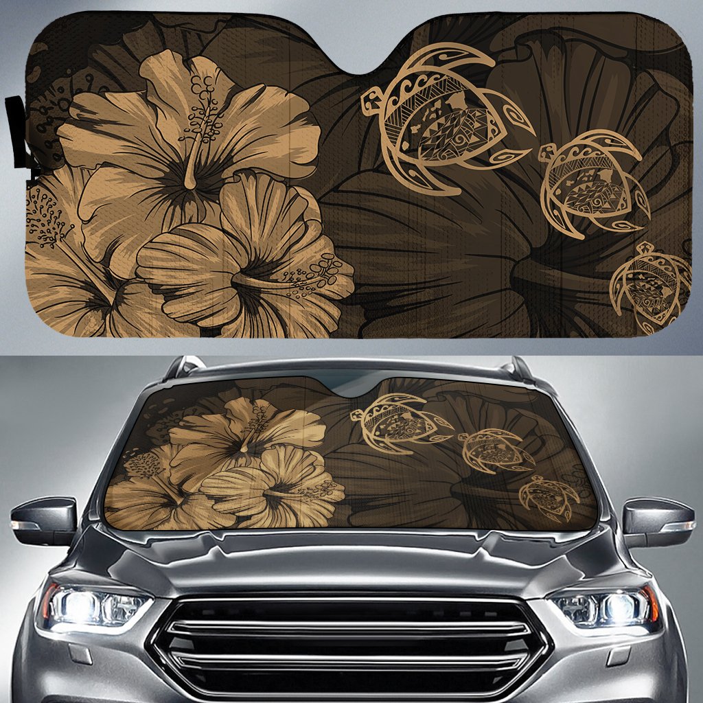 Hawaiian Map Hibiscus Flowers Vintage Polynesian Hawaii Car Sun Shade - Gold Auto Sun Shade Universal Fit Blue - Polynesian Pride