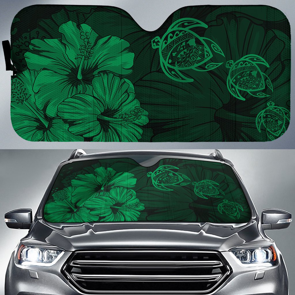 Hawaiian Map Hibiscus Flowers Vintage Polynesian Hawaii Car Sun Shade - Green Auto Sun Shade Universal Fit - Polynesian Pride