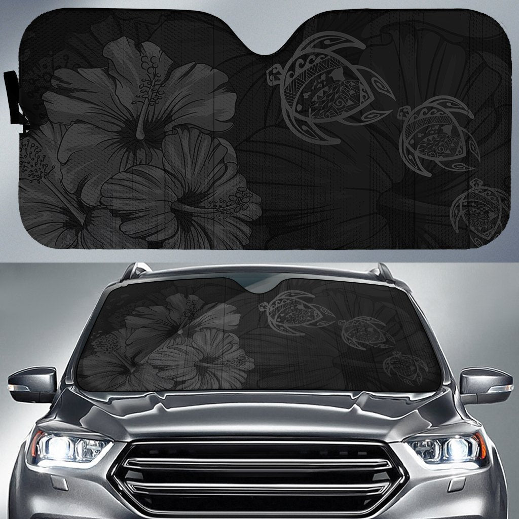 Hawaiian Map Hibiscus Flowers Vintage Polynesian Hawaii Car Sun Shade - Grey Auto Sun Shade Universal Fit - Polynesian Pride
