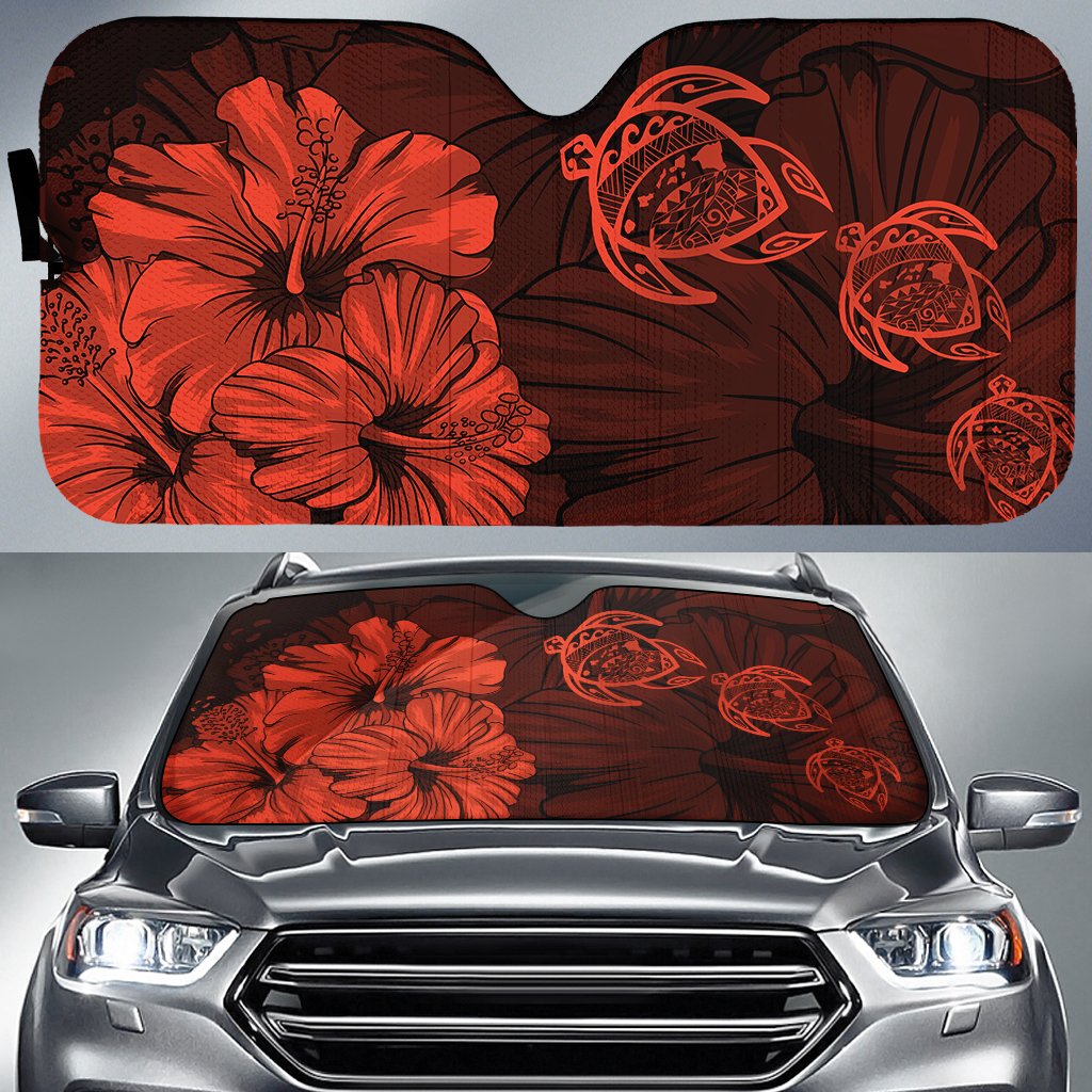 Hawaiian Map Hibiscus Flowers Vintage Polynesian Hawaii Car Sun Shade - Orange Auto Sun Shade Universal Fit - Polynesian Pride