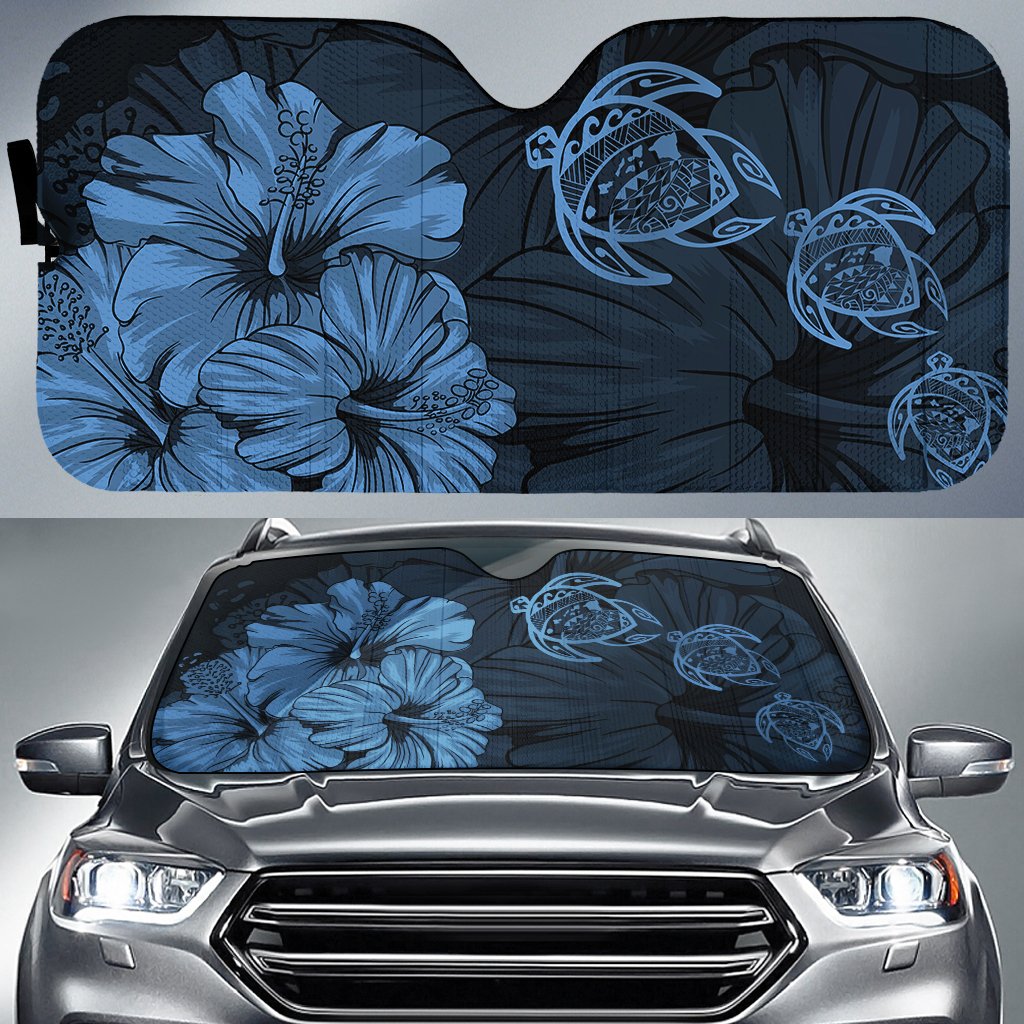 Hawaiian Map Hibiscus Flowers Vintage Polynesian Hawaii Car Sun Shade - Pastel Blue Auto Sun Shade Universal Fit - Polynesian Pride