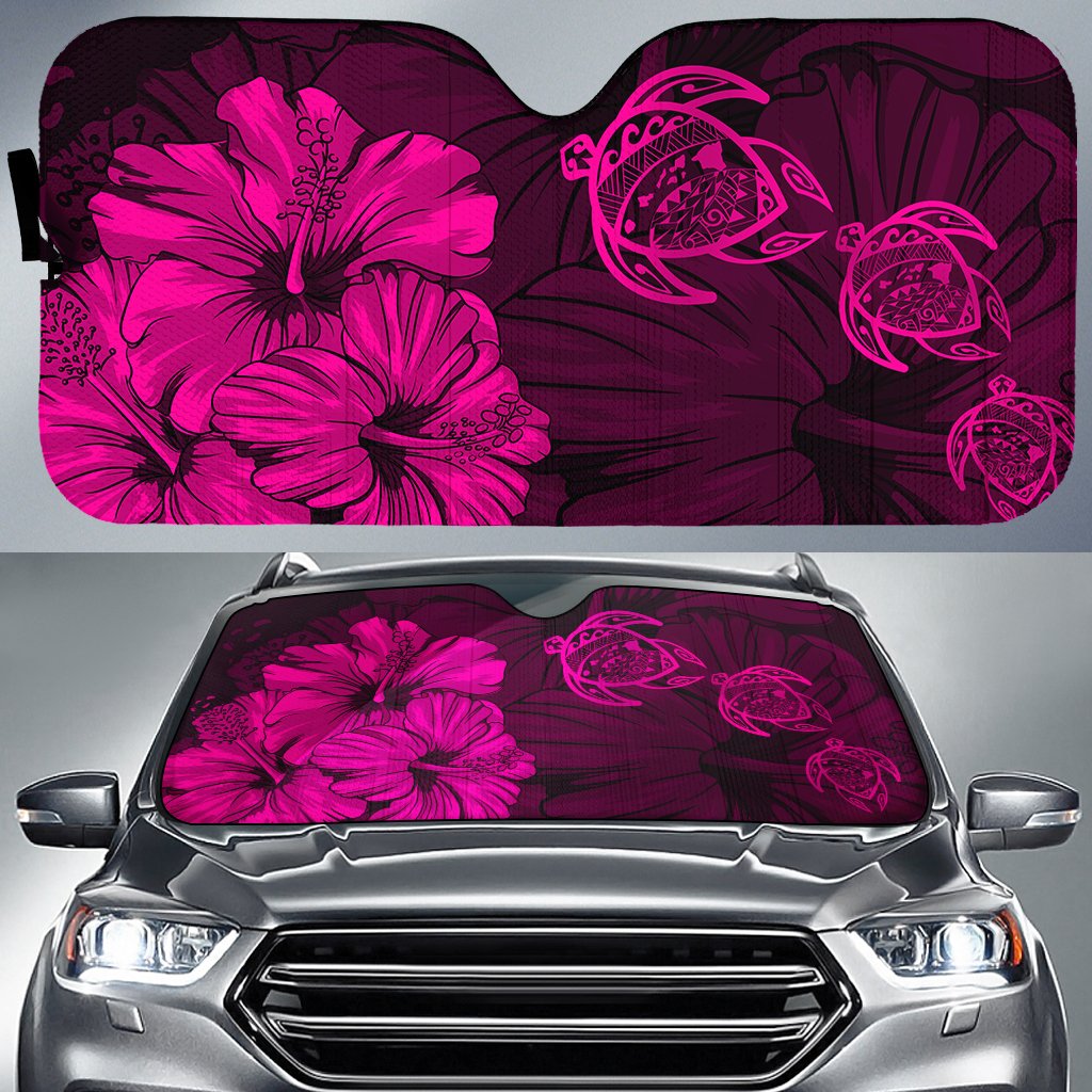 Hawaiian Map Hibiscus Flowers Vintage Polynesian Hawaii Car Sun Shade - Pink Auto Sun Shade Universal Fit - Polynesian Pride