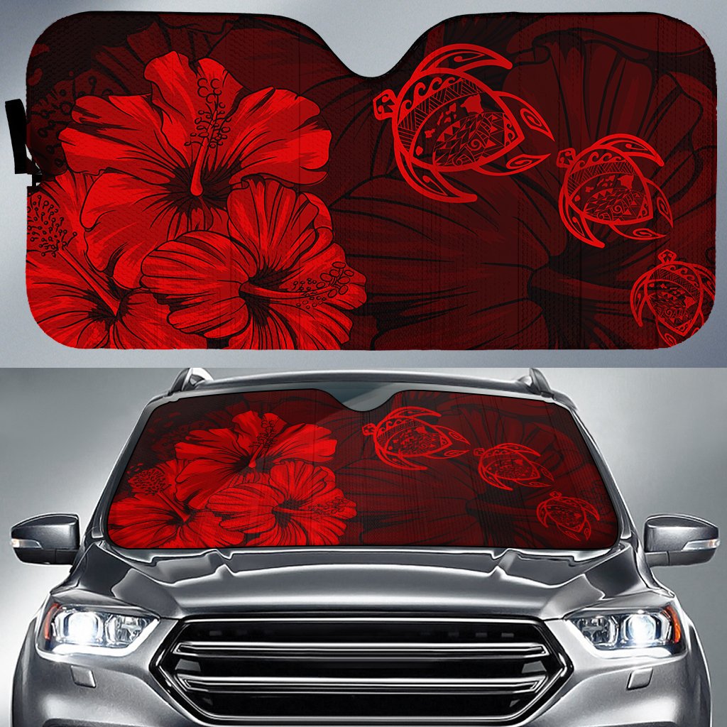 Hawaiian Map Hibiscus Flowers Vintage Polynesian Hawaii Car Sun Shade - Red Auto Sun Shade Universal Fit - Polynesian Pride