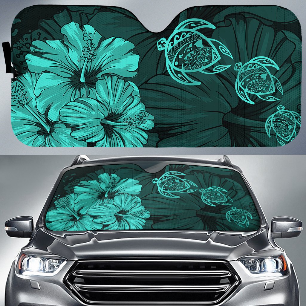 Hawaiian Map Hibiscus Flowers Vintage Polynesian Hawaii Car Sun Shade - Turquoise Auto Sun Shade Universal Fit - Polynesian Pride