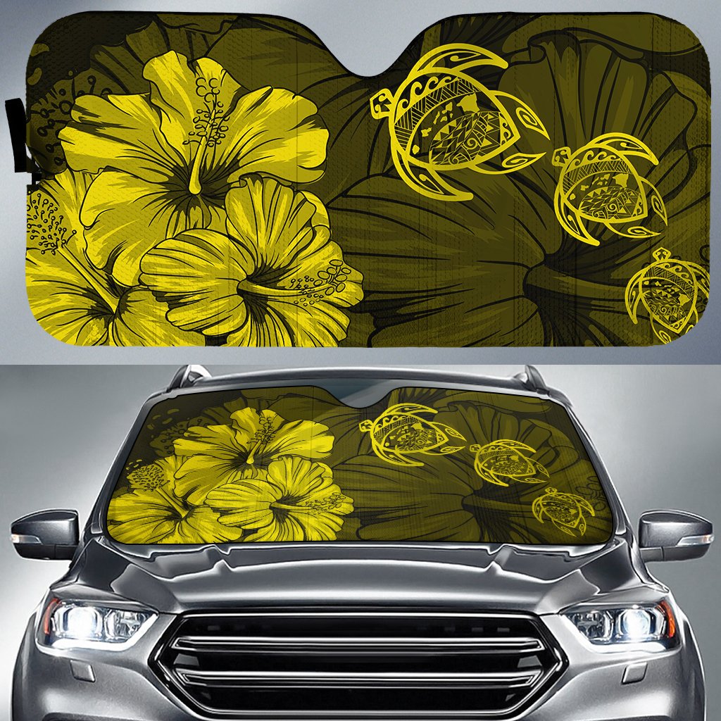 Hawaiian Map Hibiscus Flowers Vintage Polynesian Hawaii Car Sun Shade - Yellow Auto Sun Shade Universal Fit - Polynesian Pride