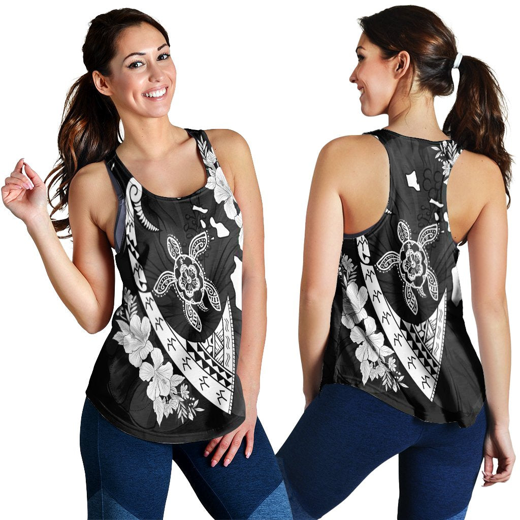 Hawaiian Map Hibiscus Turtle Fish Hook Polynesian Racerback Tank - AH Black - Polynesian Pride