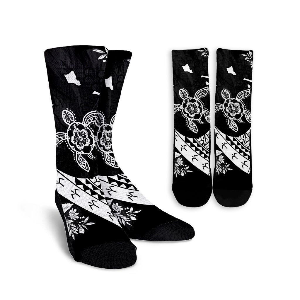 Hawaiian Map Hibiscus Turtle Fish Hook Polynesian Crew Socks - AH Crew Socks White - Polynesian Pride