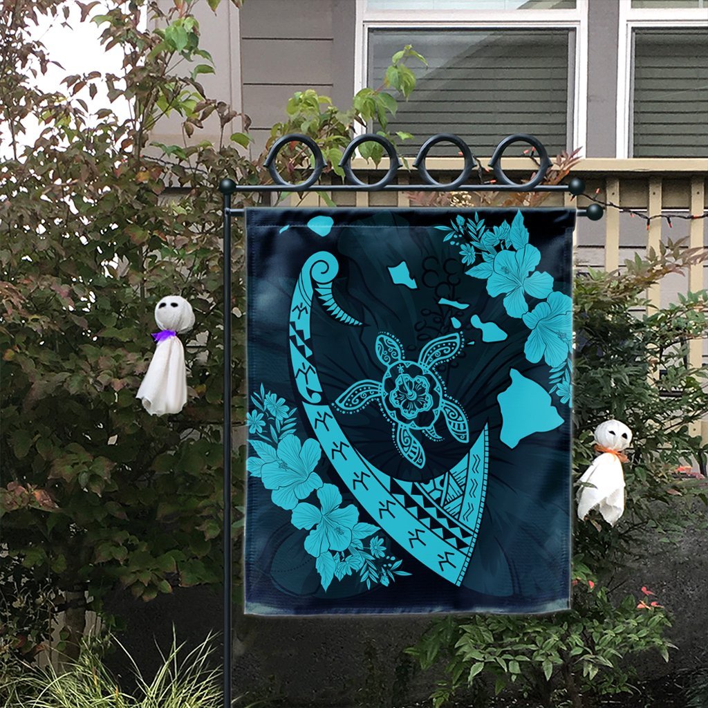 Hawaiian Map Hibiscus Turtle Fish Hook Polynesian Flag Blue - AH - Polynesian Pride