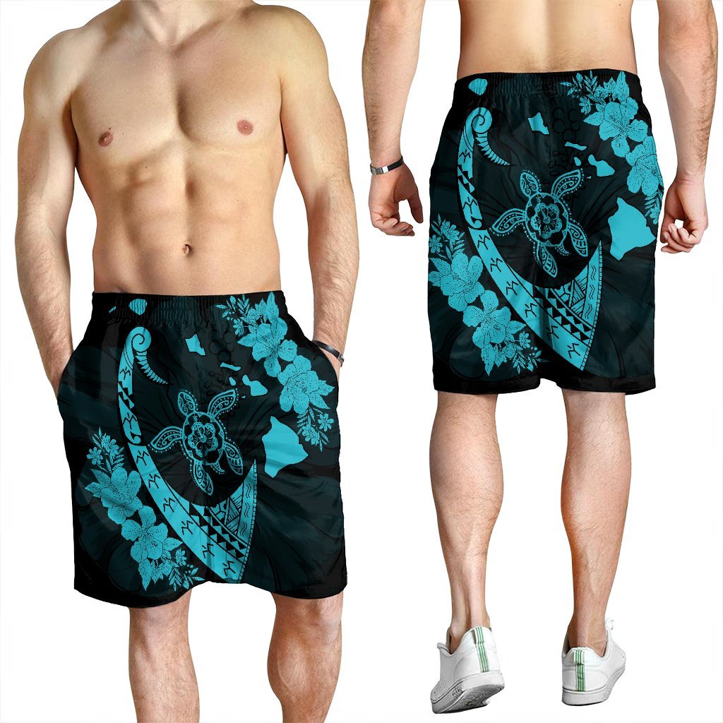Hawaiian Map Hibiscus Turtle Fish Hook Polynesian Men's Shorts Blue - AH - Polynesian Pride