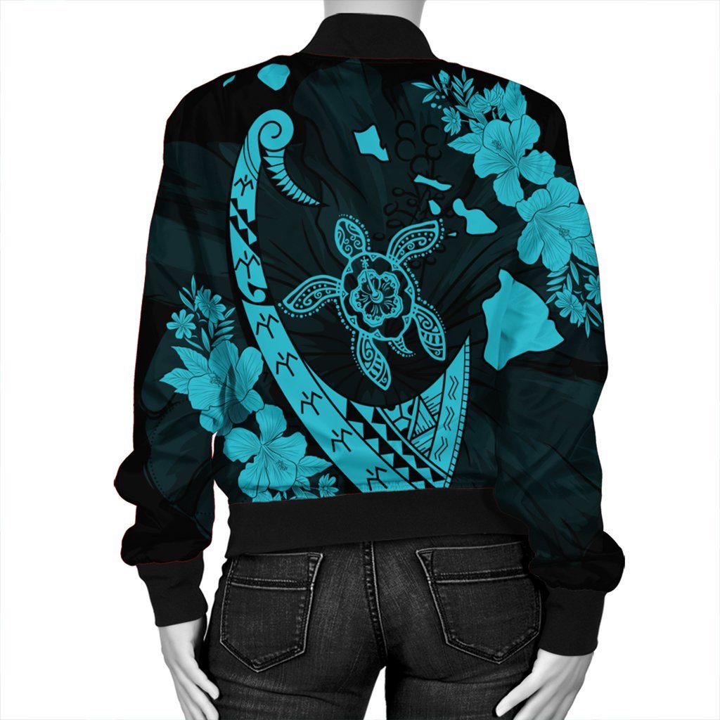 Hawaiian Map Hibiscus Turtle Fish Hook Polynesian Bomber Jacket Blue - AH - Polynesian Pride