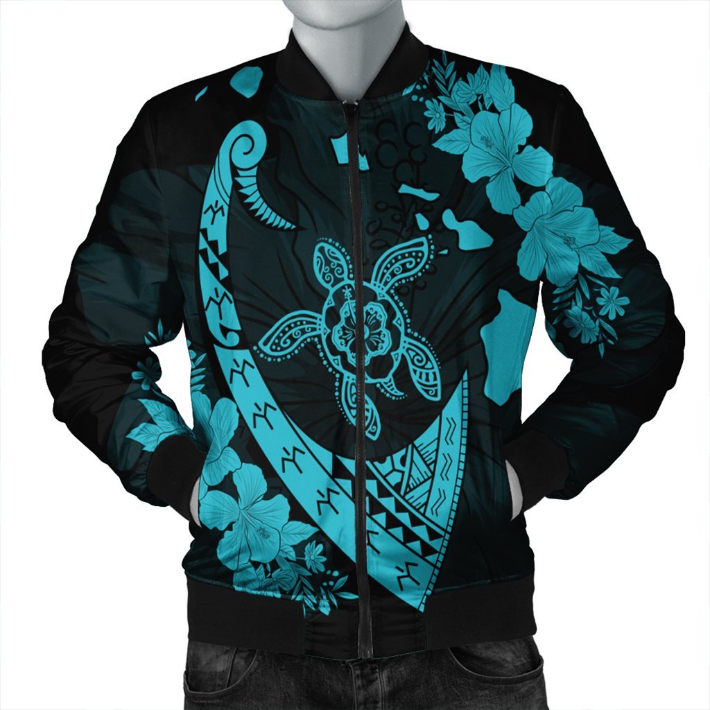 Hawaiian Map Hibiscus Turtle Fish Hook Polynesian Bomber Jacket Blue - AH Black Unisex - Polynesian Pride