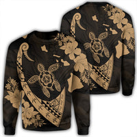 Hawaiian Map Hibiscus Turtle Fish Hook Polynesian Sweatshirt Gold - AH Unisex Black - Polynesian Pride