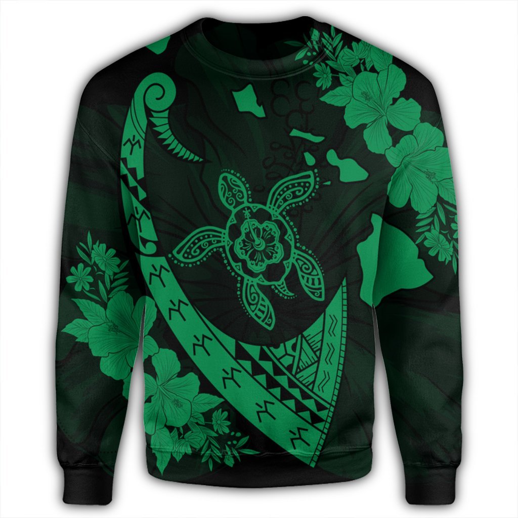 Hawaiian Map Hibiscus Turtle Fish Hook Polynesian Sweatshirt Green - AH - Polynesian Pride