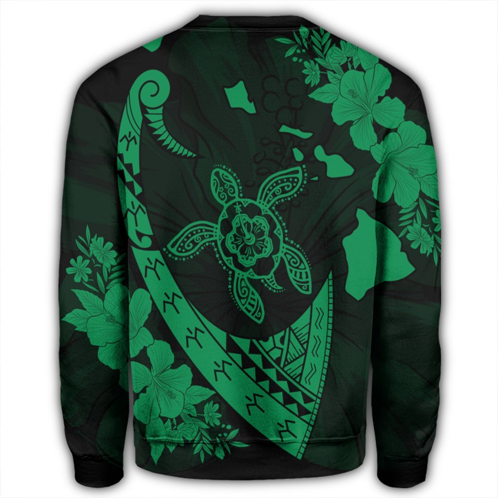 Hawaiian Map Hibiscus Turtle Fish Hook Polynesian Sweatshirt Green - AH - Polynesian Pride