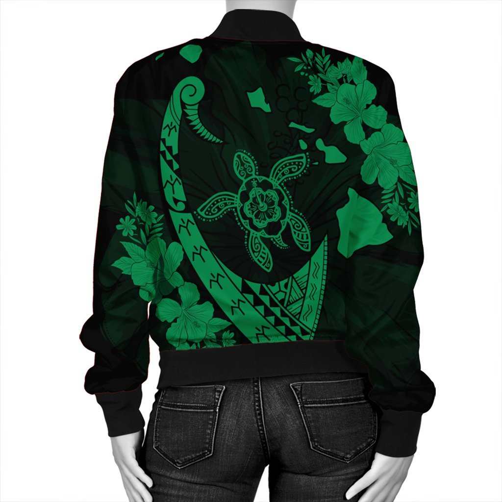 Hawaiian Map Hibiscus Turtle Fish Hook Polynesian Bomber Jacket Green - AH - Polynesian Pride