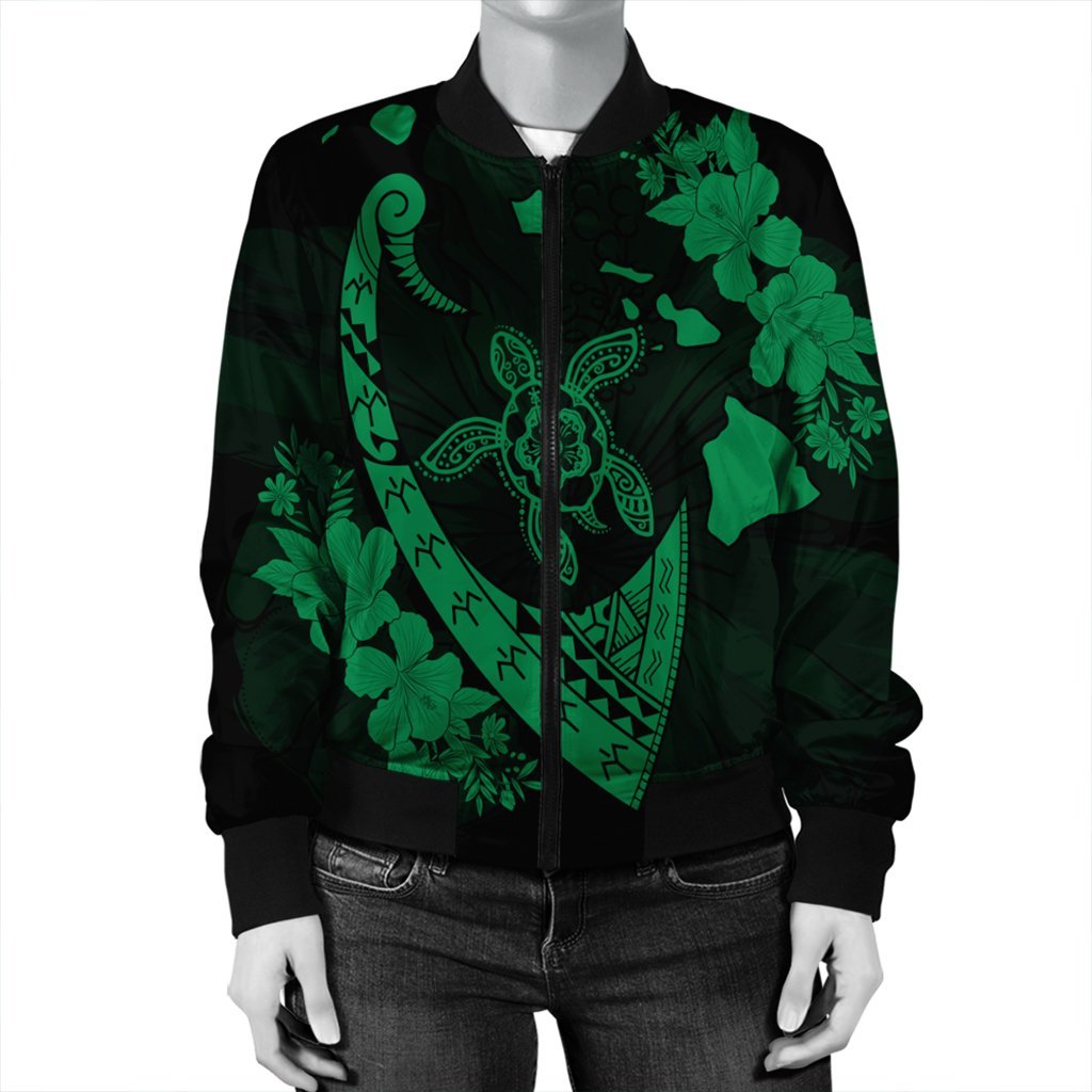 Hawaiian Map Hibiscus Turtle Fish Hook Polynesian Bomber Jacket Green - AH - Polynesian Pride