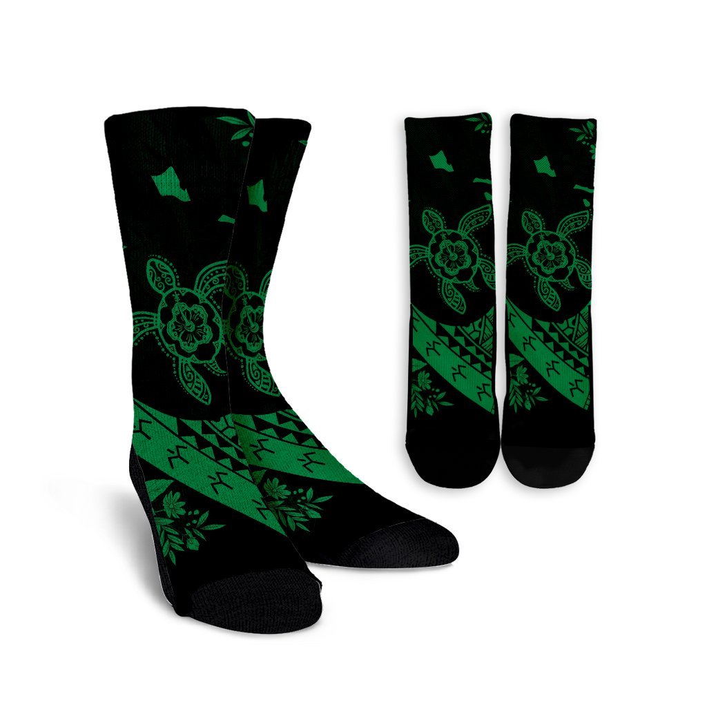 Hawaiian Map Hibiscus Turtle Fish Hook Polynesian Crew Socks Green - AH Crew Socks White - Polynesian Pride