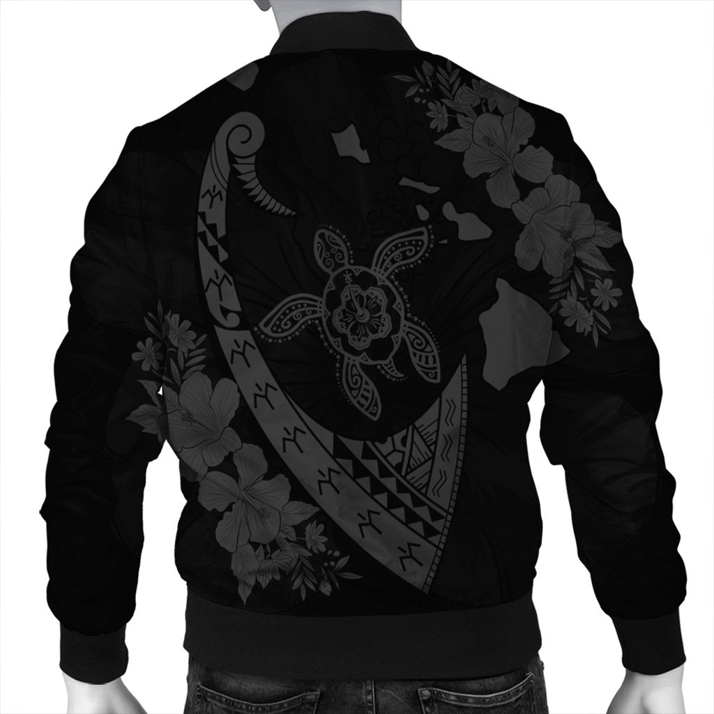 Hawaiian Map Hibiscus Turtle Fish Hook Polynesian Bomber Jacket Grey - AH - Polynesian Pride