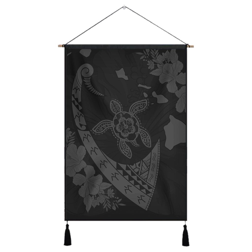 Hawaiian Map Hibiscus Turtle Fish Hook Polynesian Hanging Poster Grey - AH Hanging Poster Cotton And Linen - Polynesian Pride