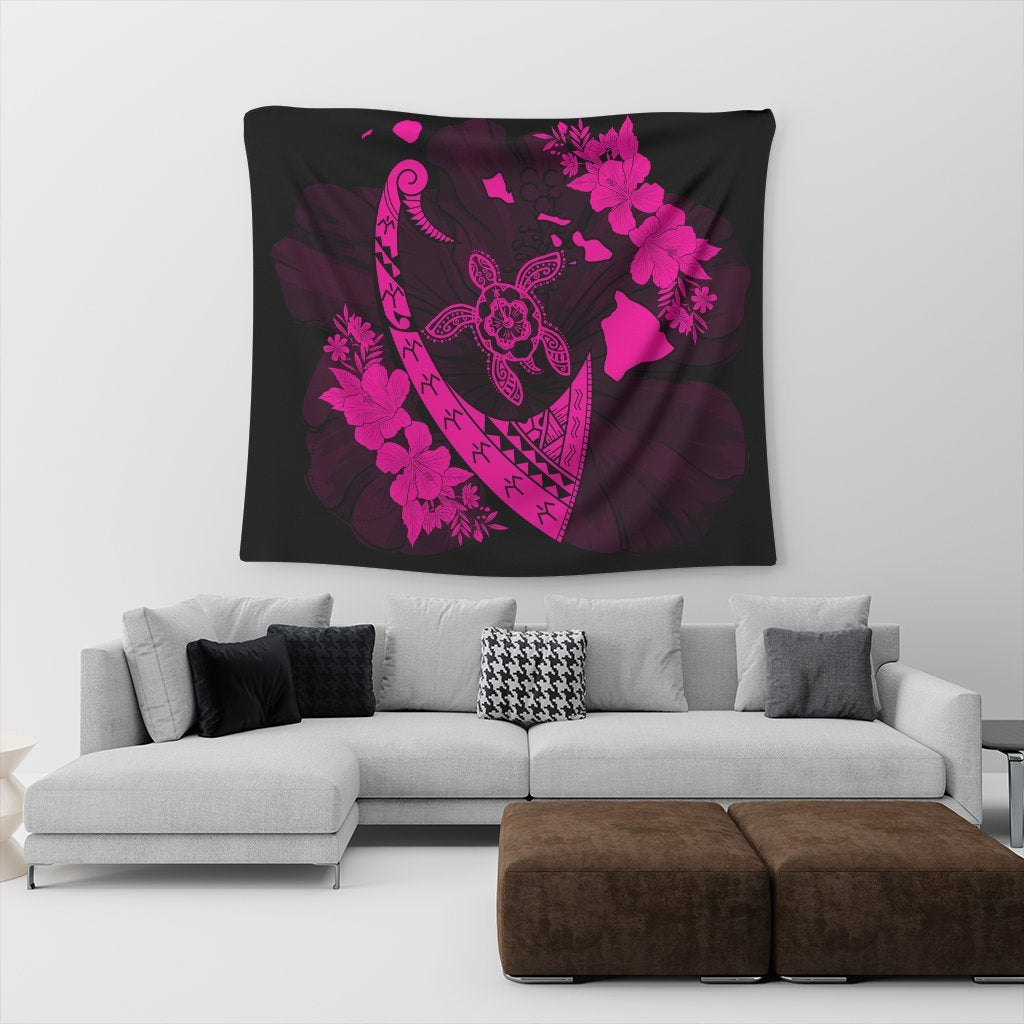 Hawaiian Map Hibiscus Turtle Fish Hook Polynesian Tapestry Pink - AH - Polynesian Pride