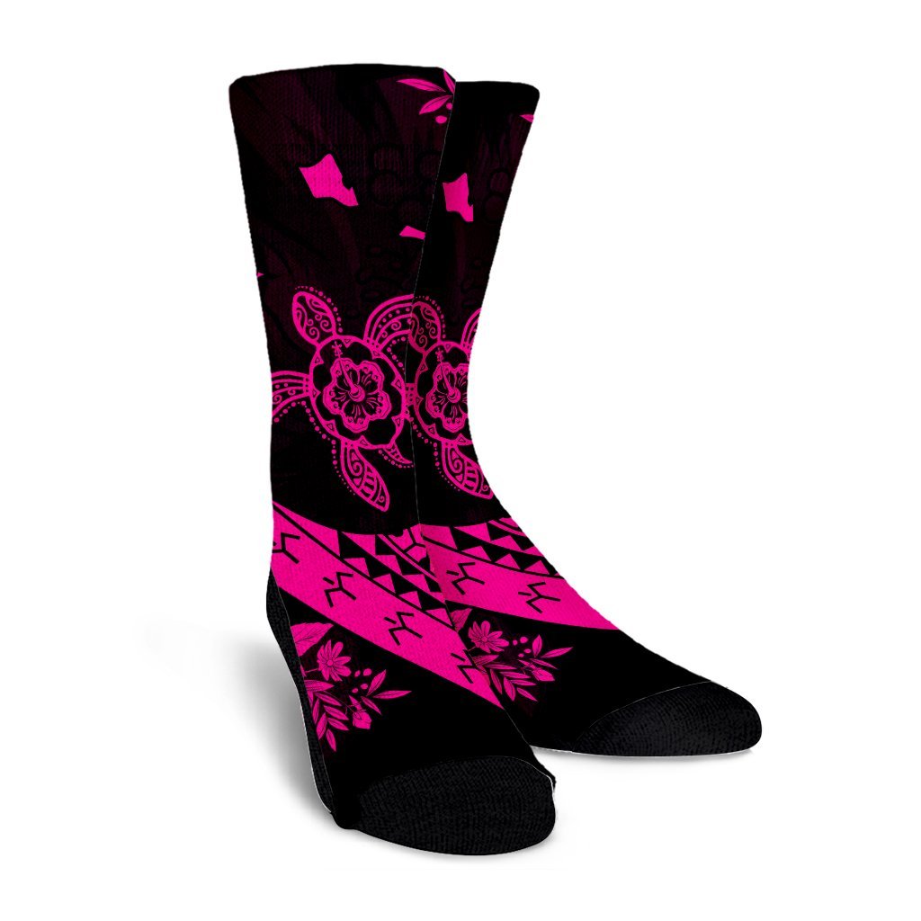 Hawaiian Map Hibiscus Turtle Fish Hook Polynesian Crew Socks Pink - AH - Polynesian Pride