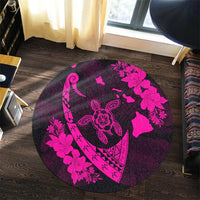 Hawaiian Map Hibiscus Turtle Fish Hook Polynesian Round Carpet Pink - AH - Polynesian Pride
