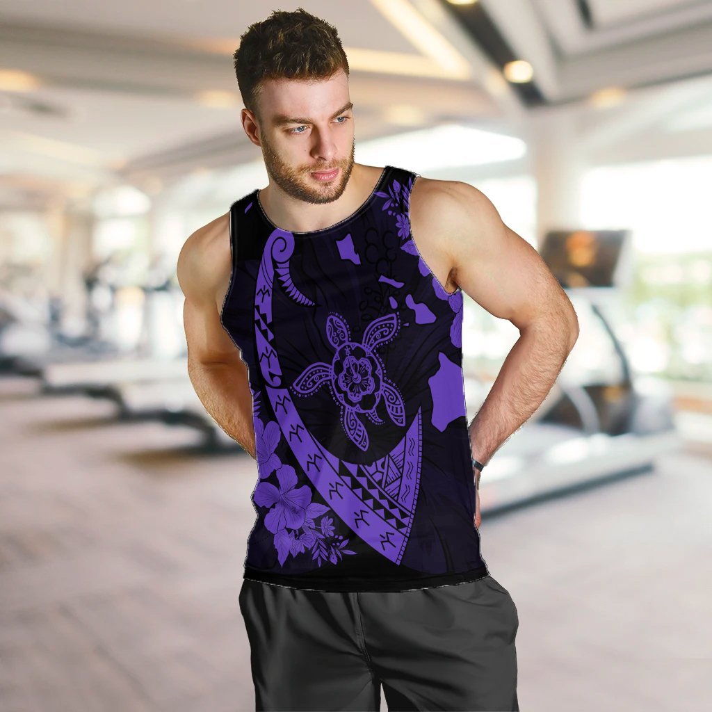 Hawaiian Map Hibiscus Turtle Fish Hook Polynesian Tank Top Purple - AH - Polynesian Pride