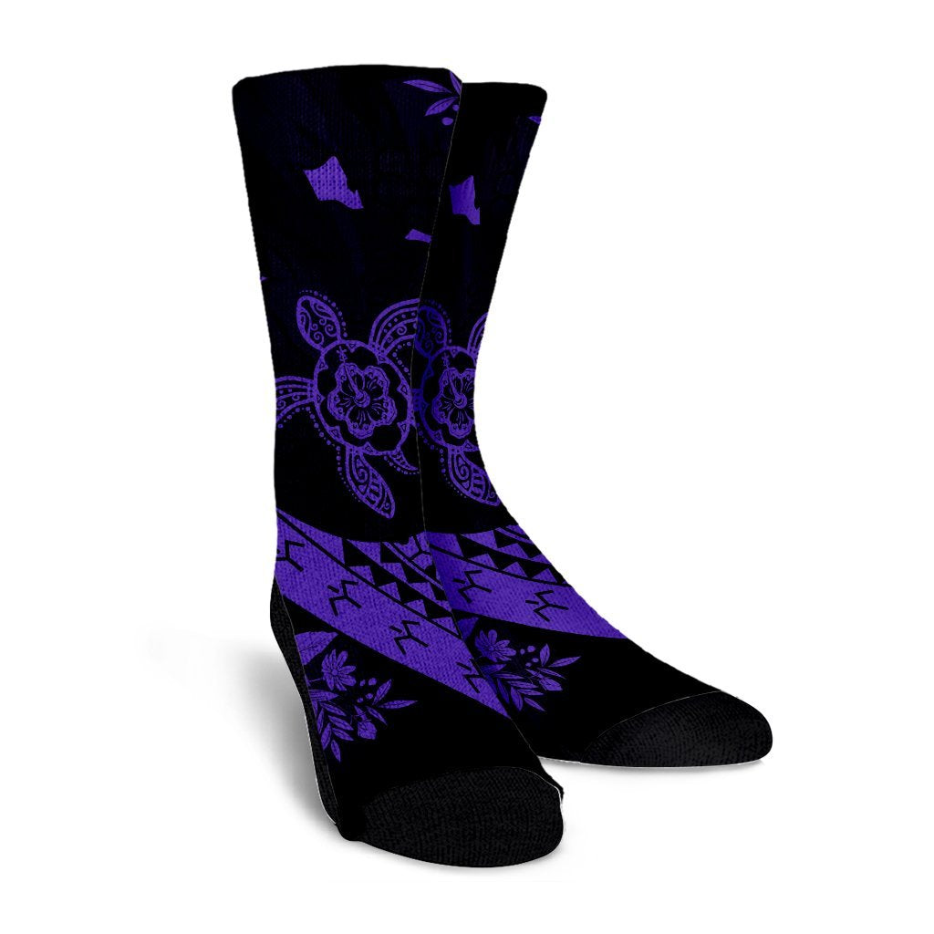 Hawaiian Map Hibiscus Turtle Fish Hook Polynesian Crew Socks Purple - AH - Polynesian Pride
