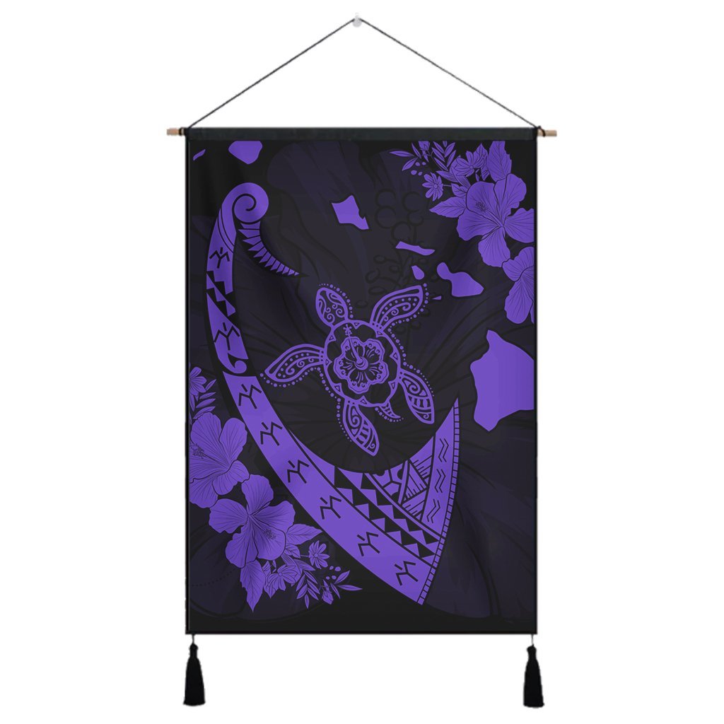 Hawaiian Map Hibiscus Turtle Fish Hook Polynesian Hanging Poster Purple - AH Hanging Poster Cotton And Linen - Polynesian Pride