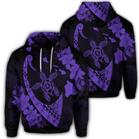 Hawaiian Map Hibiscus Turtle Fish Hook Polynesian Hoodie Purple Unisex Art - Polynesian Pride