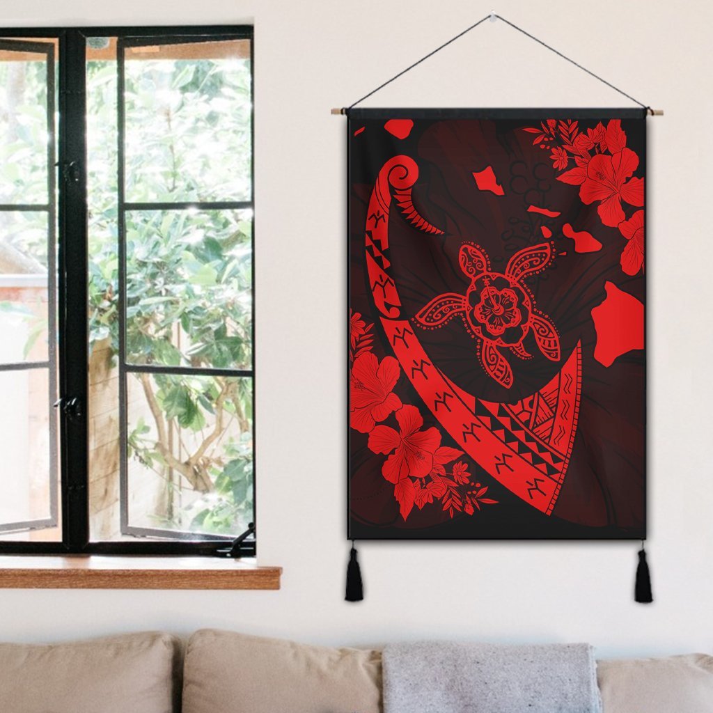 Hawaiian Map Hibiscus Turtle Fish Hook Polynesian Hanging Poster Red - AH - Polynesian Pride