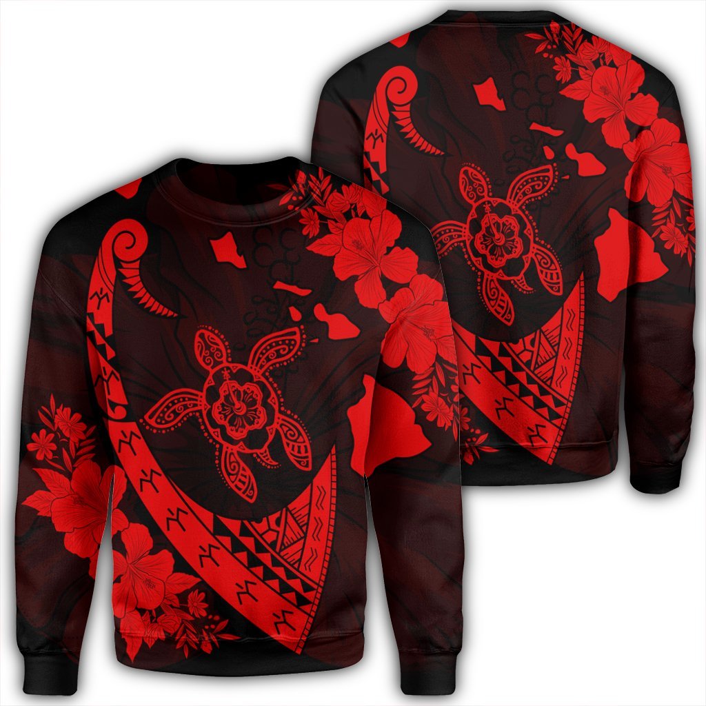 Hawaiian Map Hibiscus Turtle Fish Hook Polynesian Sweatshirt Red - AH Unisex Black - Polynesian Pride