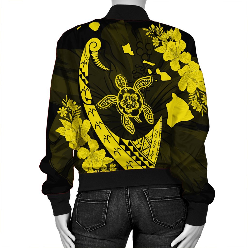 Hawaiian Map Hibiscus Turtle Fish Hook Polynesian Bomber Jacket Yellow - AH - Polynesian Pride